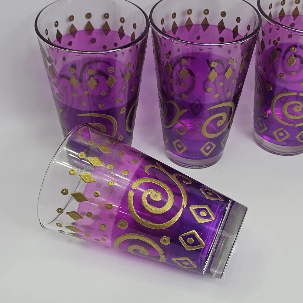 Cerve Italy Purple Gold Moroccan Scroll Glass Tumblers Set of 4 Mediterranean
